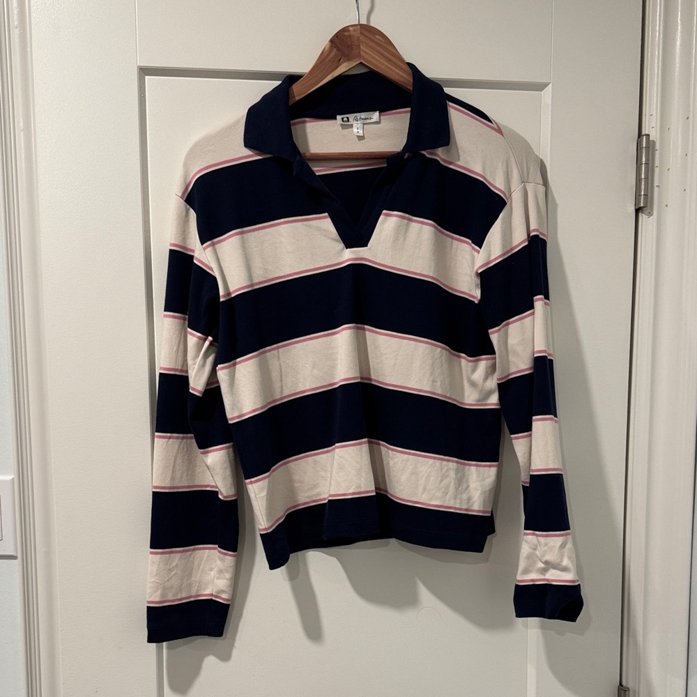 Reitmans Navy, Cream & Pink Striped V-Neck Rugby Sweater